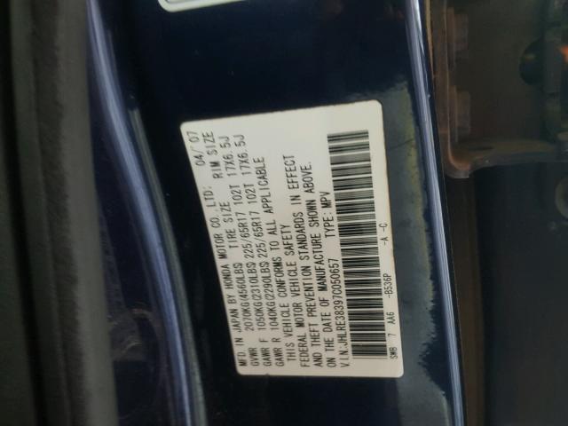 JHLRE38397C050657 - 2007 HONDA CR-V LX BLUE photo 10