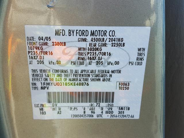 1FMYU03185KE48876 - 2005 FORD ESCAPE XLT GREEN photo 10