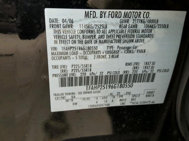 1FAHP25196G180550 - 2006 FORD FIVE HUNDR BLACK photo 10