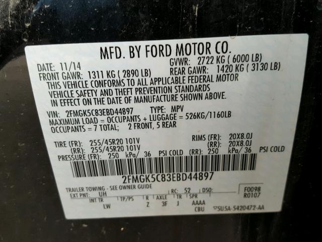 2FMGK5C83EBD44897 - 2014 FORD FLEX SEL Սև լուսանկար 10