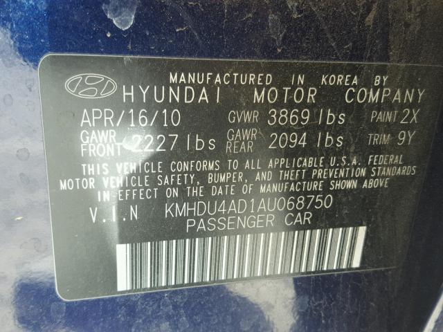 KMHDU4AD1AU068750 - 2010 HYUNDAI ELANTRA BL BLUE photo 10