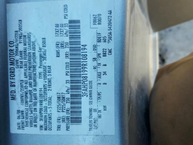 3FAHP08199R108194 - 2009 FORD FUSION SEL SILVER photo 10