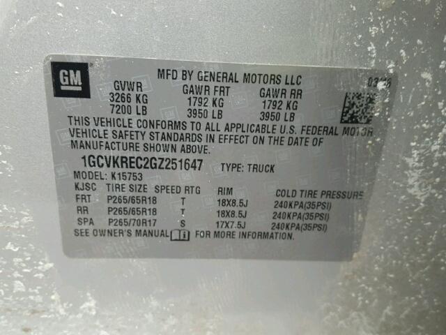 1GCVKREC2GZ251647 - 2016 CHEVROLET SILVERADO SILVER photo 10