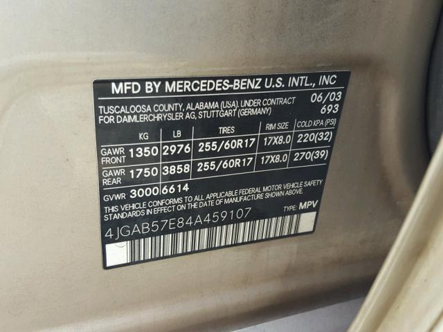 4JGAB57E84A459107 - 2004 MERCEDES-BENZ ML 350 GOLD photo 10