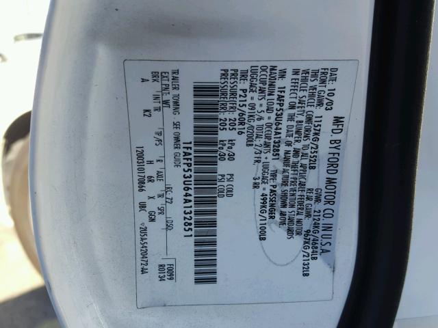 1FAFP53U64A132851 - 2004 FORD TAURUS SE WHITE photo 10