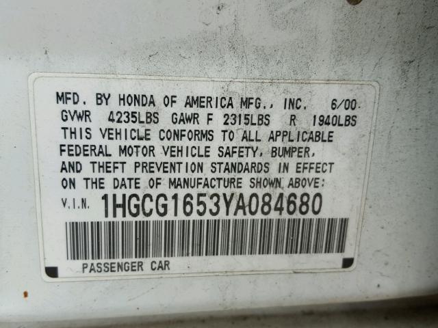 1HGCG1653YA084680 - 2000 HONDA ACCORD EX WHITE photo 10