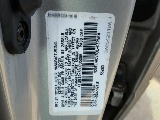 4T1BE32K83U705096 - 2003 TOYOTA CAMRY LE SILVER photo 10