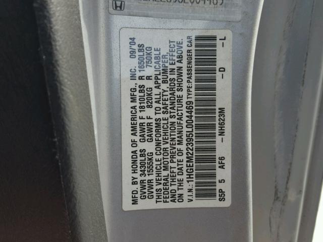 1HGEM22395L004469 - 2005 HONDA CIVIC DX V SILVER photo 10