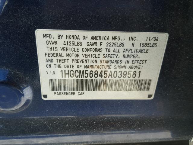 1HGCM56845A039561 - 2005 HONDA ACCORD EX BLUE photo 10