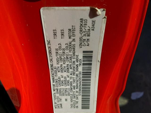 5TESN92N44Z357193 - 2004 TOYOTA TACOMA XTR RED photo 10