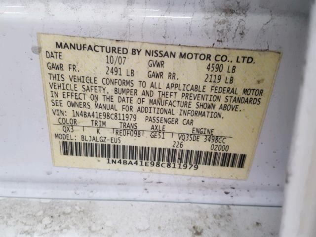 1N4BA41E98C811979 - 2008 NISSAN MAXIMA SE WHITE photo 10