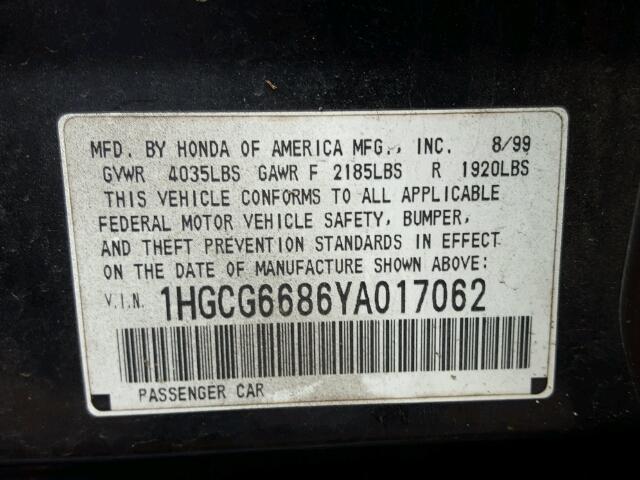 1HGCG6686YA017062 - 2000 HONDA ACCORD EX BLACK photo 10