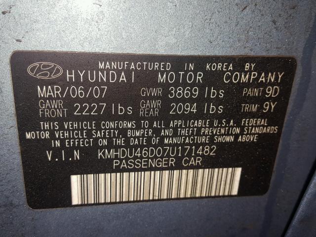 KMHDU46D07U171482 - 2007 HYUNDAI ELANTRA GL BLUE photo 10