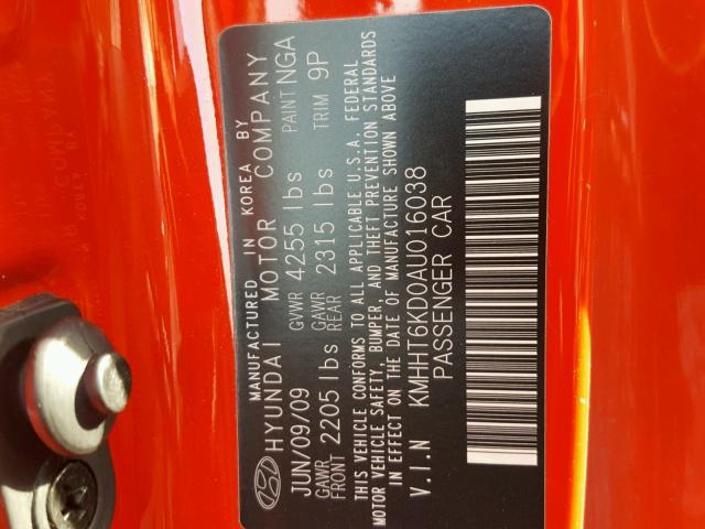 KMHHT6KD0AU016038 - 2010 HYUNDAI GENESIS CO RED photo 10