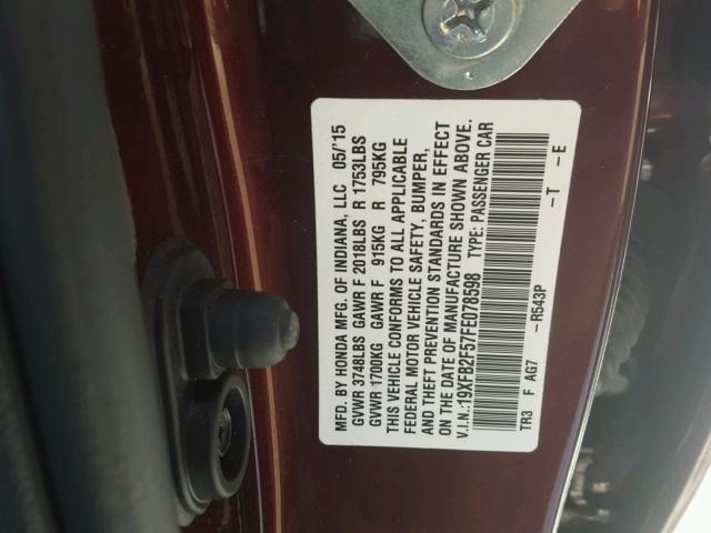 19XFB2F57FE078598 - 2015 HONDA CIVIC LX BURGUNDY photo 10