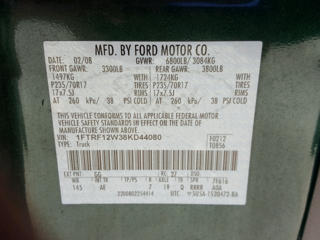 1FTRF12W38KD44080 - 2008 FORD F150 GREEN photo 10