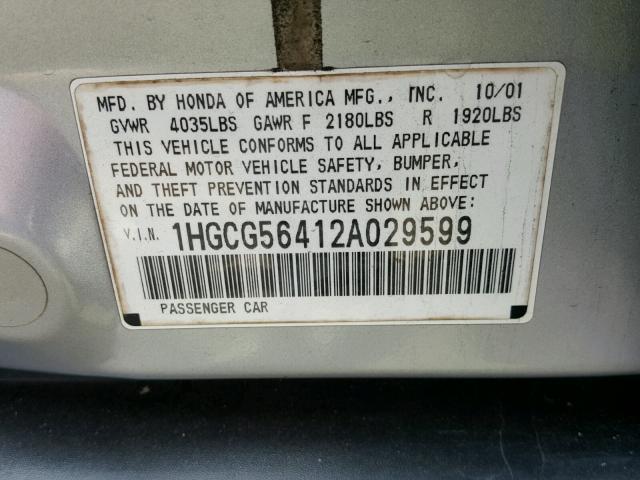 1HGCG56412A029599 - 2002 HONDA ACCORD LX SILVER photo 10