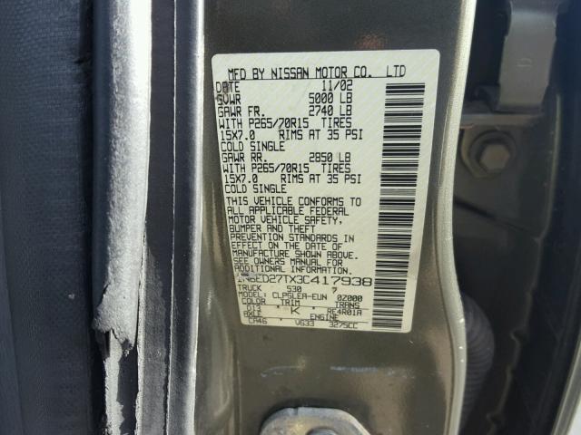 1N6ED27TX3C417938 - 2003 NISSAN FRONTIER C GREEN photo 10