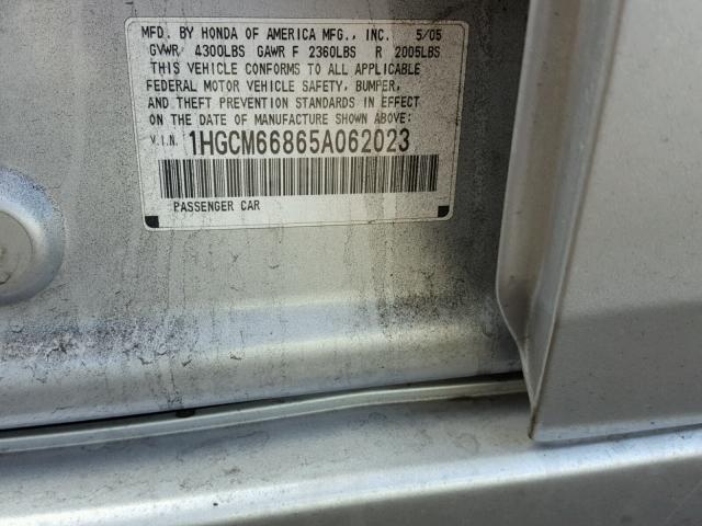 1HGCM66865A062023 - 2005 HONDA ACCORD EX SILVER photo 10