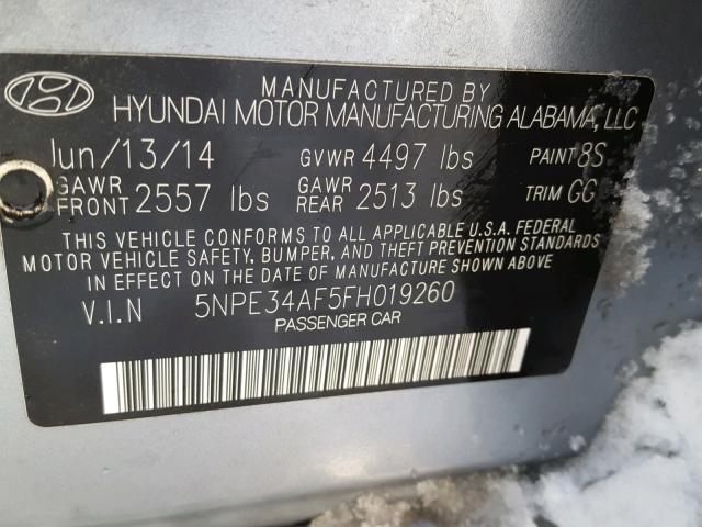 5NPE34AF5FH019260 - 2015 HYUNDAI SONATA SPO GRAY photo 10