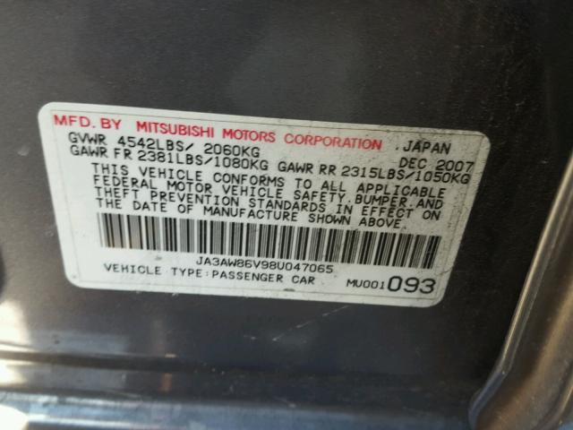 JA3AW86V98U047065 - 2008 MITSUBISHI LANCER EVO GRAY photo 10