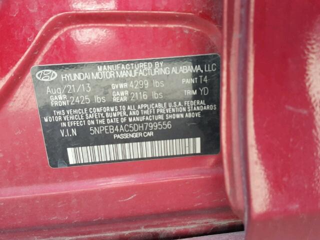 5NPEB4AC5DH799556 - 2013 HYUNDAI SONATA GLS RED photo 10