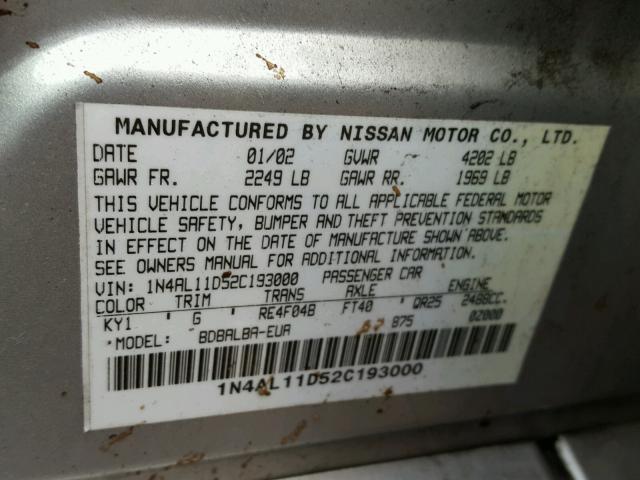 1N4AL11D52C193000 - 2002 NISSAN ALTIMA BAS SILVER photo 10