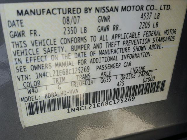 1N4CL21E68C125269 - 2008 NISSAN ALTIMA HYB GRAY photo 10