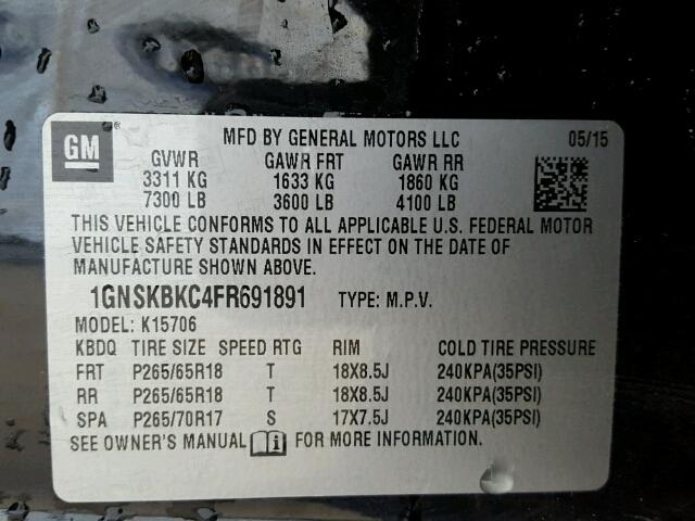 1GNSKBKC4FR691891 - 2015 CHEVROLET TAHOE K150 BLACK photo 10