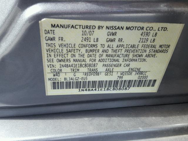 1N4BA41E18C808087 - 2008 NISSAN MAXIMA SE GRAY photo 10