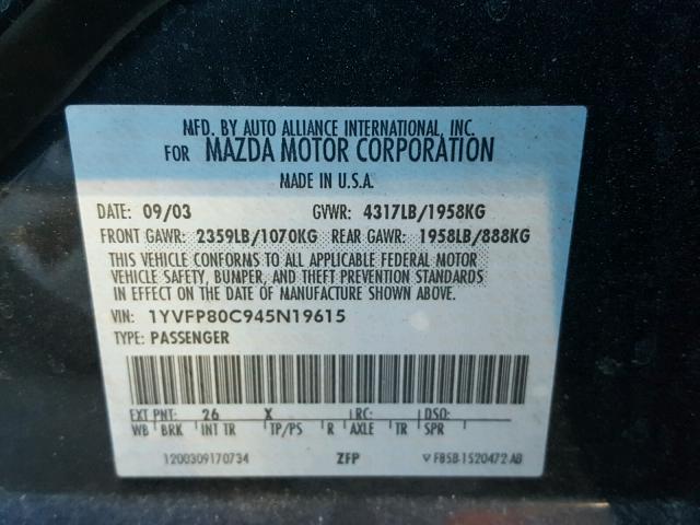 1YVFP80C945N19615 - 2004 MAZDA 6 I ნაცრისფერი ფოტო 10