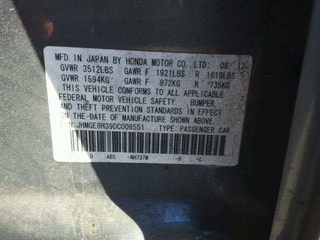 JHMGE8H39DC008551 - 2013 HONDA FIT GRAY photo 10