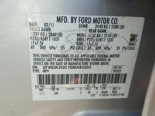 2FMDK3GC1BBA93203 - 2011 FORD EDGE SE SILVER photo 10