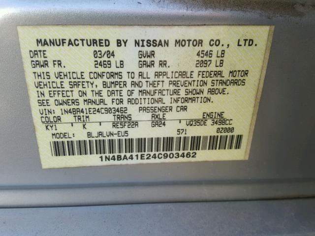 1N4BA41E24C903462 - 2004 NISSAN MAXIMA SE SILVER photo 10