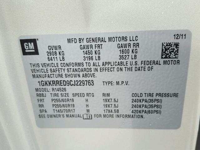 1GKKRRED9CJ229763 - 2012 GMC ACADIA SLT GOLD photo 10