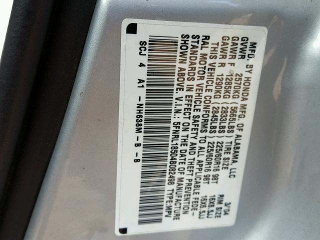 5FNRL18504B082498 - 2004 HONDA ODYSSEY LX SILVER photo 10