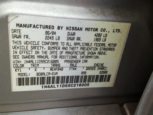 1N4AL11D55C216005 - 2005 NISSAN ALTIMA S SILVER photo 10