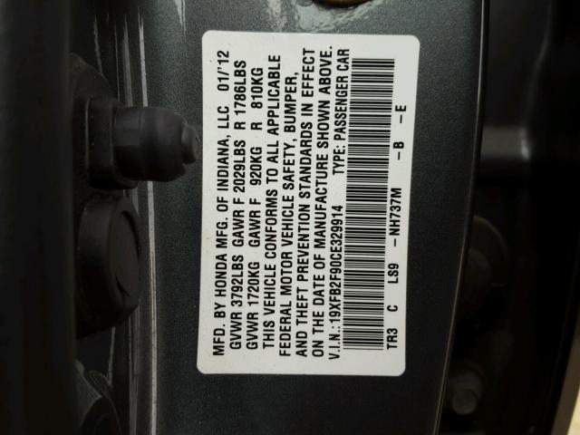 19XFB2F90CE329914 - 2012 HONDA CIVIC EXL GRAY photo 10