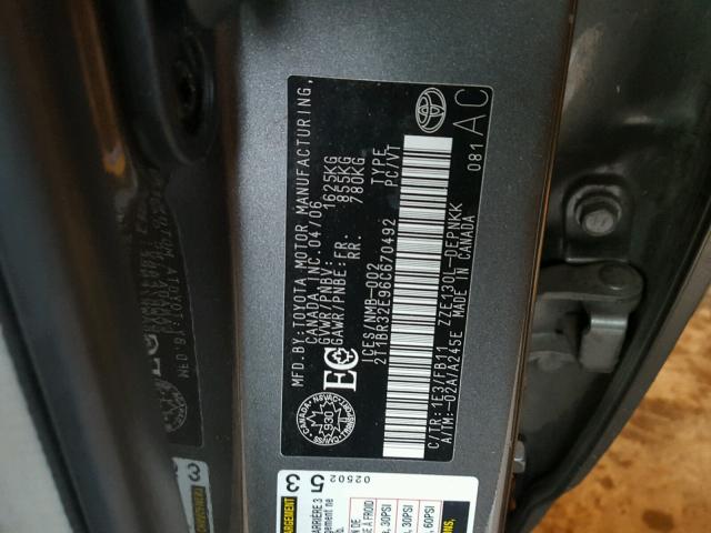 2T1BR32E96C670492 - 2006 TOYOTA COROLLA CE GRAY photo 10