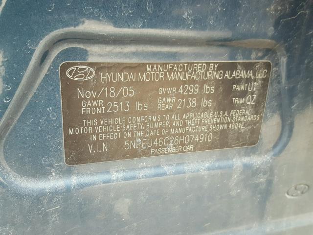 5NPEU46C26H074910 - 2006 HYUNDAI SONATA GLS BLUE photo 10