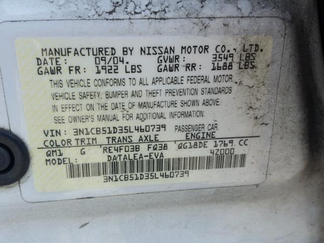 3N1CB51D35L460739 - 2005 NISSAN SENTRA 1.8 WHITE photo 10