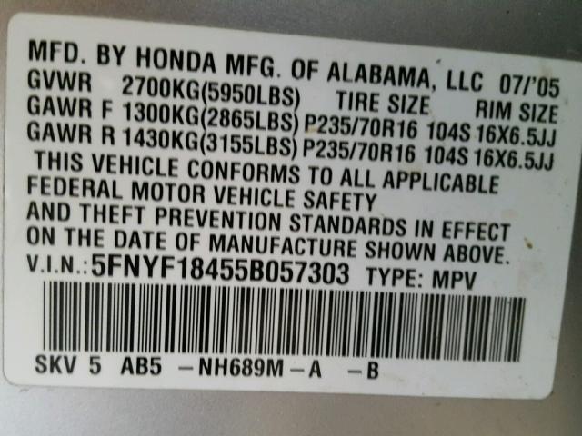 5FNYF18455B057303 - 2005 HONDA PILOT EX SILVER photo 10