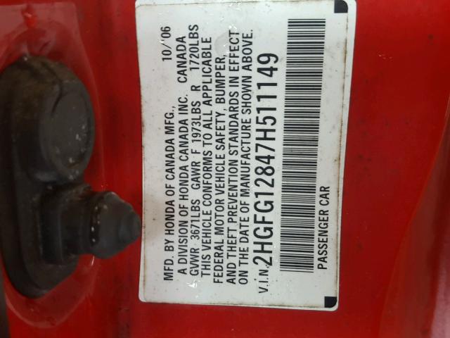 2HGFG12847H511149 - 2007 HONDA CIVIC EX RED photo 10