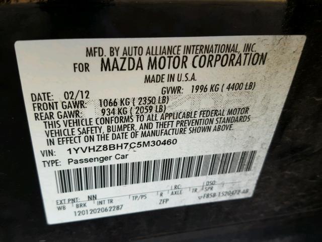 1YVHZ8BH7C5M30460 - 2012 MAZDA 6 I BLACK photo 10