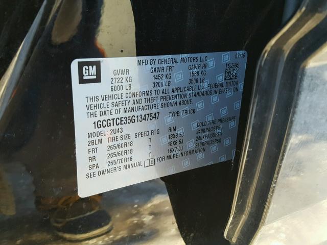 1GCGTCE35G1347547 - 2016 CHEVROLET COLORADO L BLACK photo 10