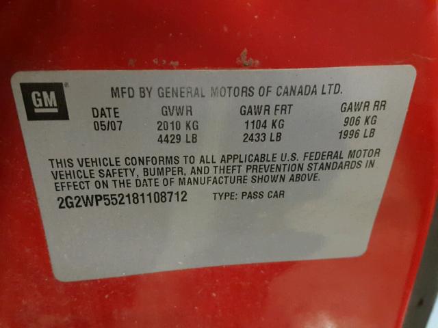 2G2WP552181108712 - 2008 PONTIAC GRAND PRIX RED photo 10