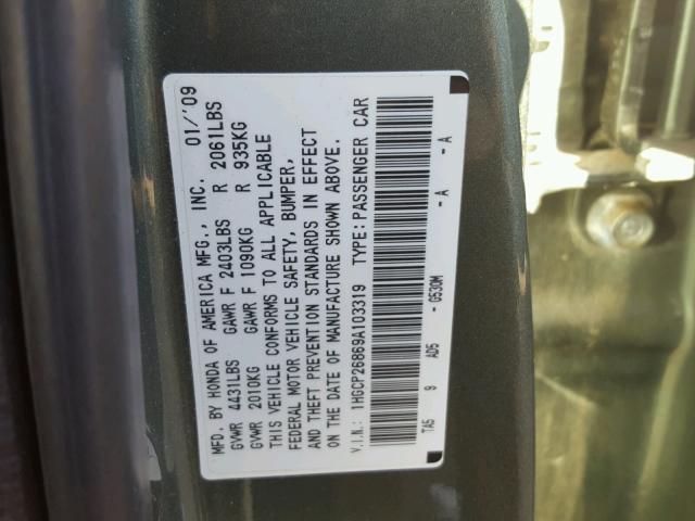 1HGCP26869A103319 - 2009 HONDA ACCORD EXL GREEN photo 10