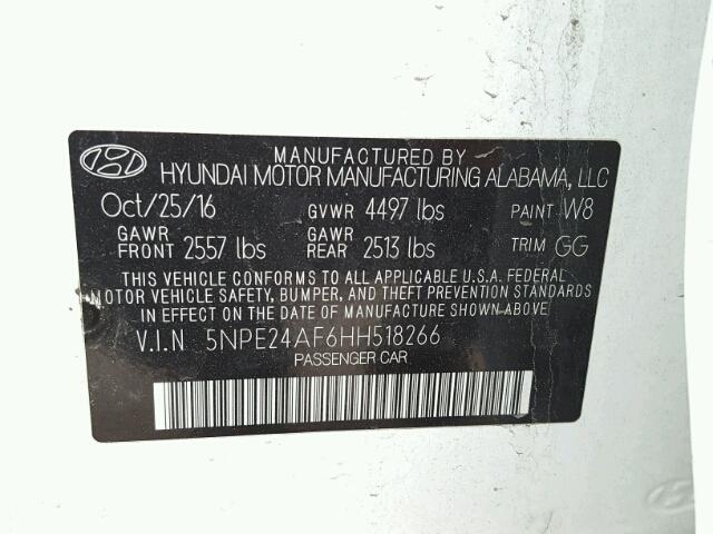 5NPE24AF6HH518266 - 2017 HYUNDAI SONATA SE WHITE photo 10