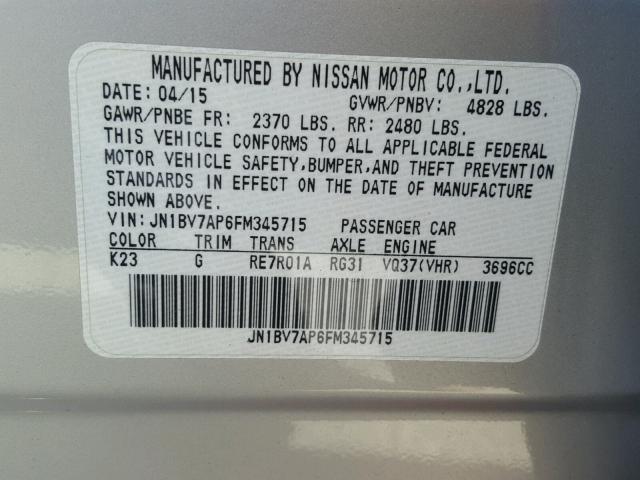 JN1BV7AP6FM345715 - 2015 INFINITI Q50 BASE GRAY photo 10