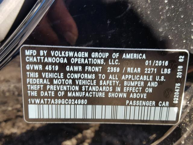 1VWAT7A39GC024980 - 2016 VOLKSWAGEN PASSAT S BLACK photo 10